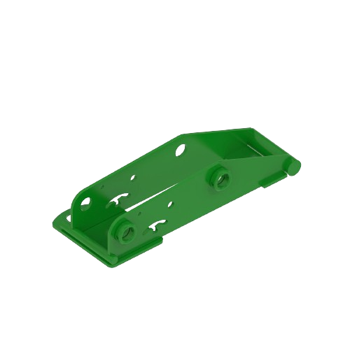 Green metal boom holder bracket with mounting holes and bolts for agricultural equipment maintenance tasks