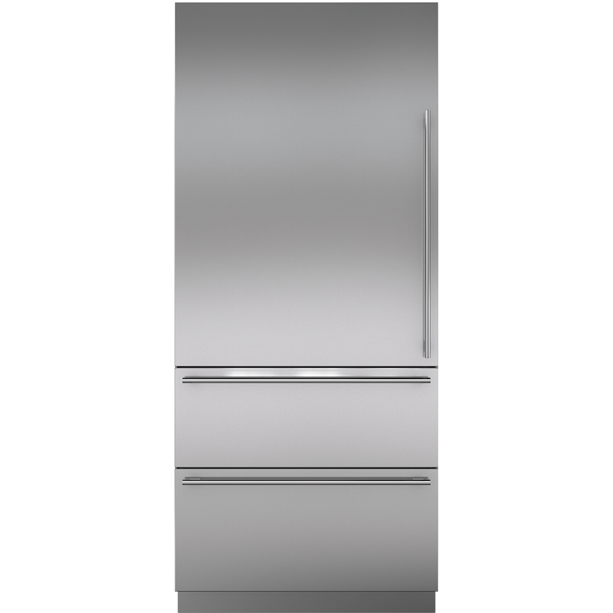 Built-in stainless steel over-under refrigerator and freezer with sleek horizontal handles in kitchen appliances collection