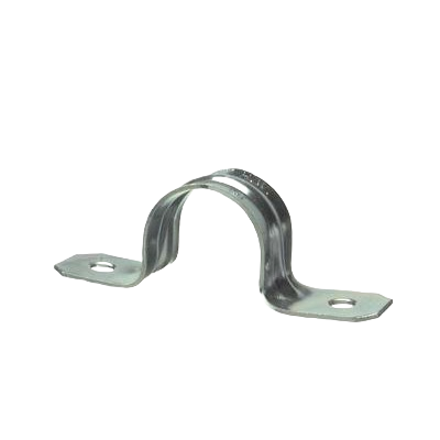 Zinc-plated metal conduit strap with two mounting holes for securing electrical conduit in home improvement projects