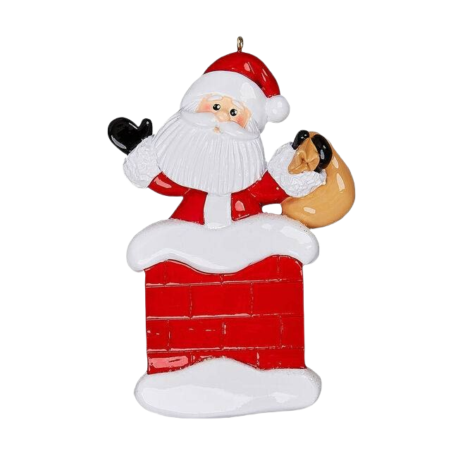 Santa Claus figurine in red suit holding sack, sitting in snowy red brick chimney for Christmas decorations under $50 collection