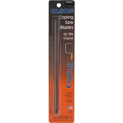 Package of four 6.5-inch coping saw blades with 10 teeth per inch, coarse steel blades for woodworking and power tool accessories at Hartville Hardware.