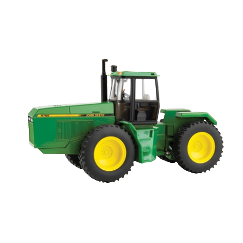 Green and yellow scale model tractor with detailed cab and large rear wheels for display or collection