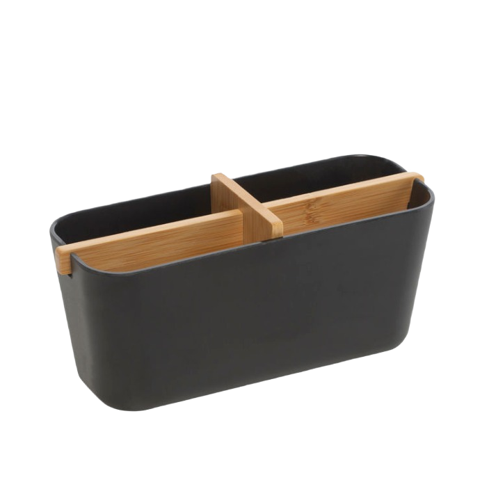 Black bamboo and plastic compartment organizer for home improvement and tools storage use