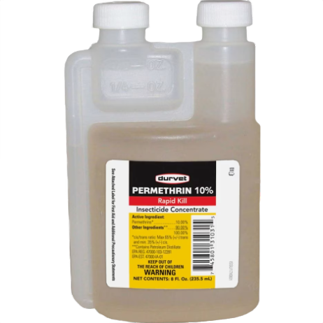 Opaque dual-chamber plastic bottle of insecticide concentrate with clear measurement markings and warning label