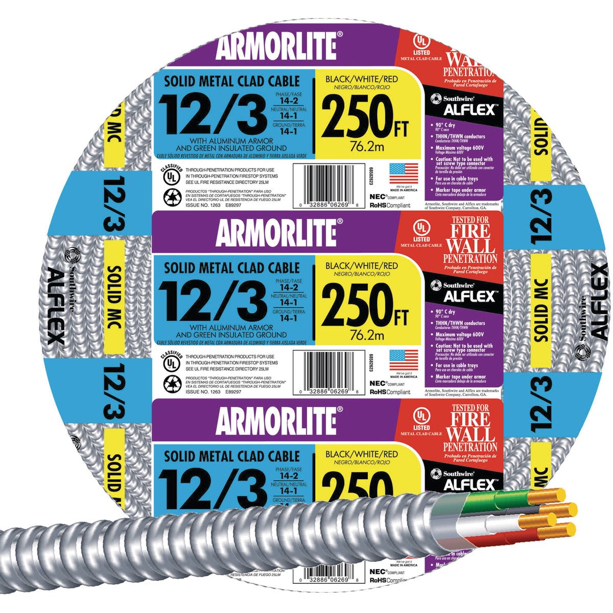 250 ft solid metal clad 12/3 cable with aluminum armor and ground wire in electrical and armored wire collection