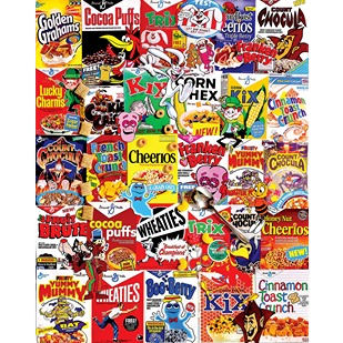 Collage of colorful vintage cereal box artwork featuring classic brands for puzzles and toys collections under $50