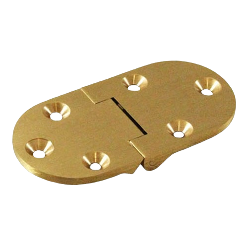 Brass-plated furniture hinge with six countersunk screw holes for home improvement and woodworking projects