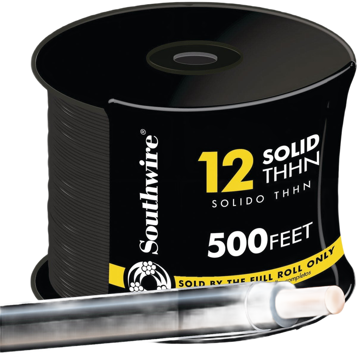 500-foot spool of solid black 12 AWG THHN electrical wire for tools and home improvement use