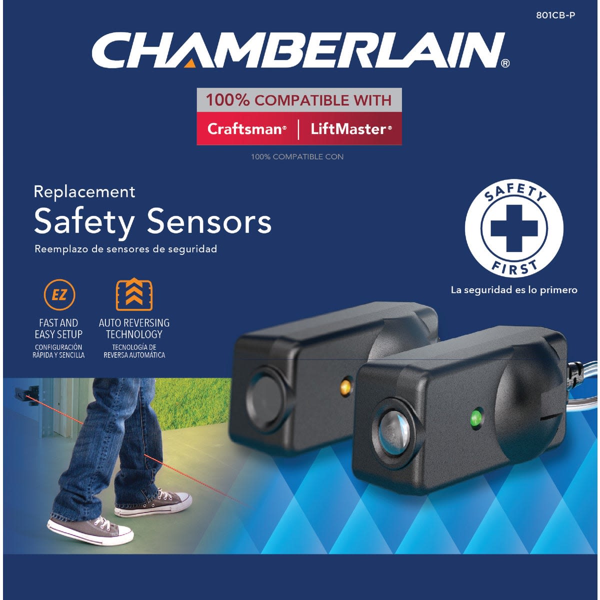 Pair of black replacement safety sensors with auto-reversing technology for garage door safety and home improvement
