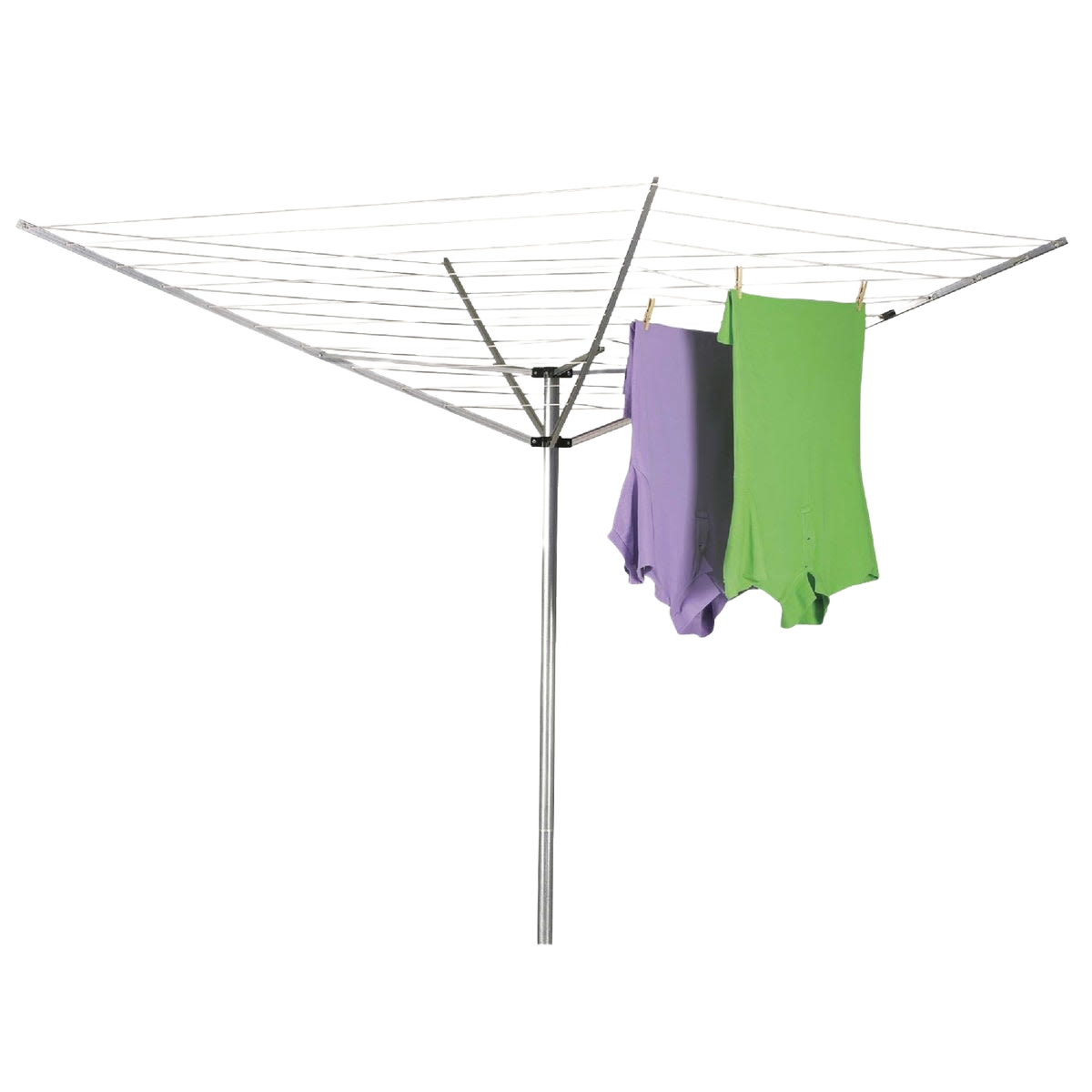 Aluminum umbrella-style clothes dryer with multiple drying lines and two garments hanging for air drying