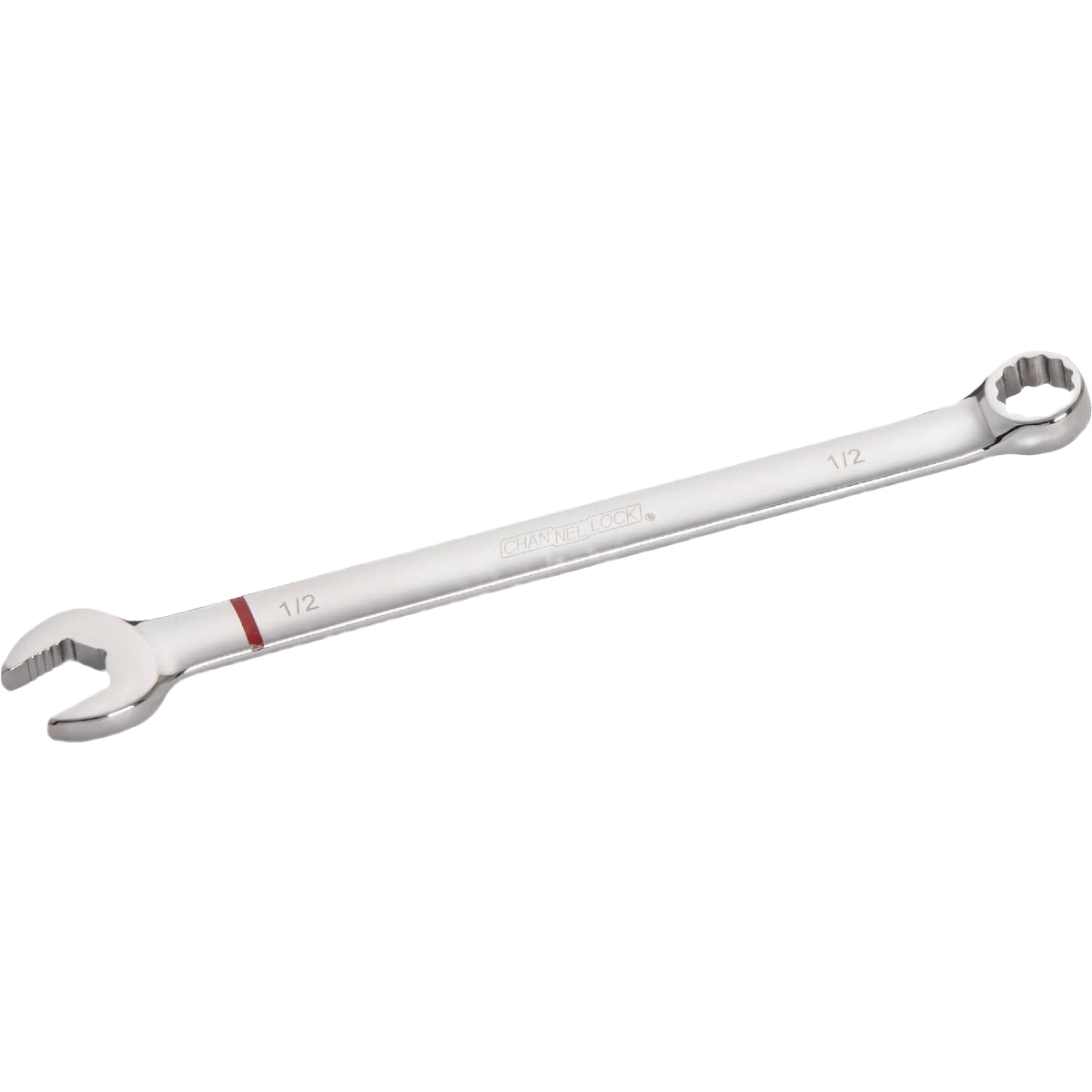 Polished steel combination wrench with open and 12-point box ends sized for home improvement tasks