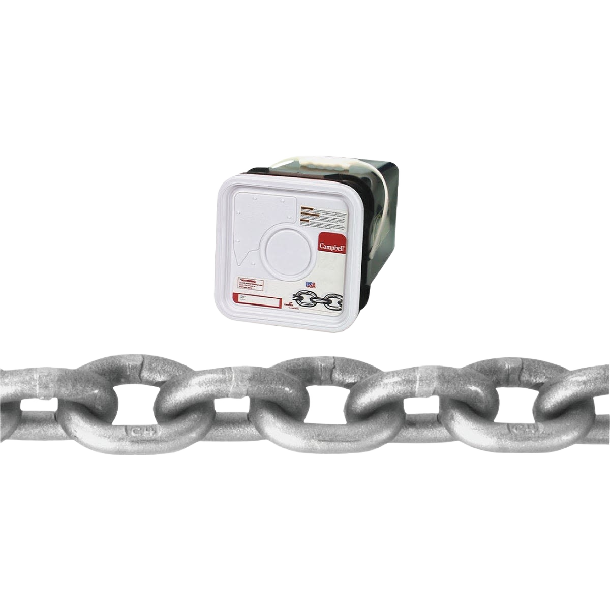 Heavy-duty silver metal chain with sealed plastic container for secure storage in home improvement projects