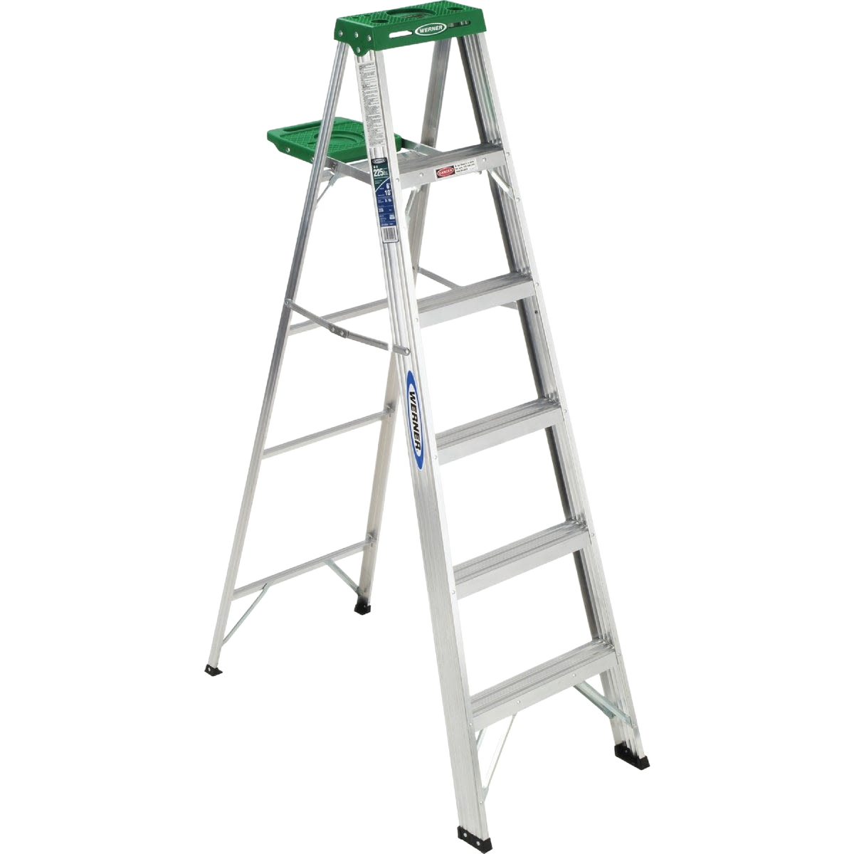 Silver aluminum step ladder with green top tray, suitable for home improvement and lumber building tasks under $100 collection