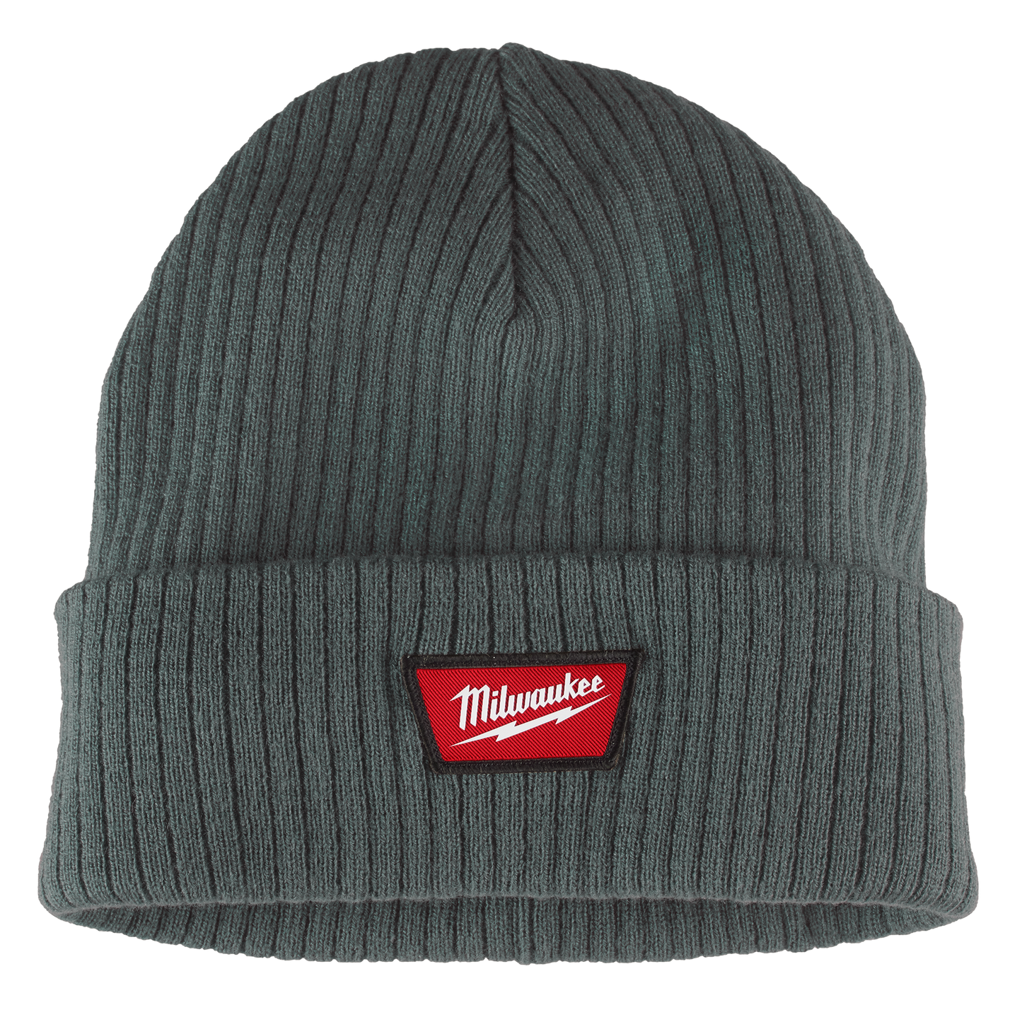 Green rib-knit cuffed beanie with red logo patch designed for warmth during outdoor work and home improvement tasks