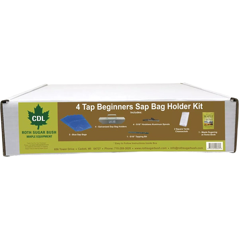 Cardboard box containing a 4 tap beginner sap bag holder kit with blue bags and aluminum spouts for home sap collecting
