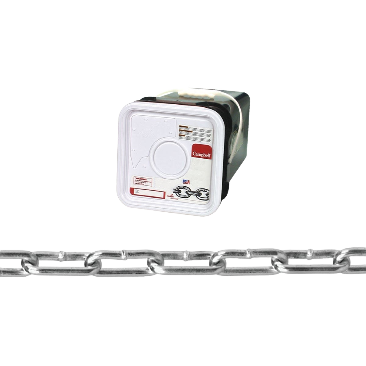 Coil of silver metal straight link chain packaged for tools and home improvement applications