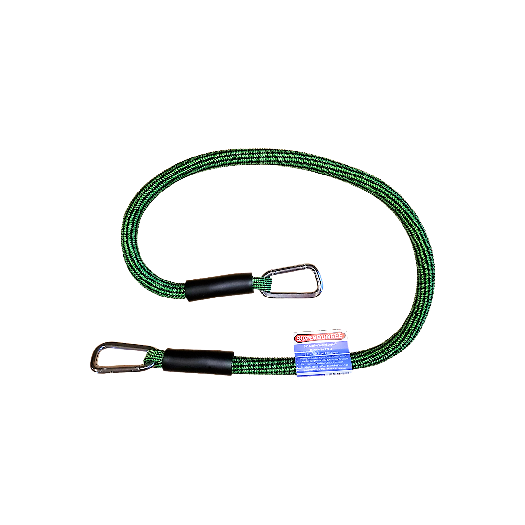 Green 36-inch marine cord with two stainless steel carabiner hooks for towing and cargo tie-downs in hardware collections