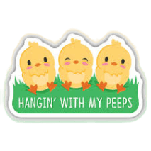 Matte laminated vinyl sticker of three yellow chicks standing on green grass with playful text for kitchenware or dorm decor