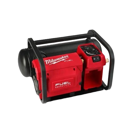 Compact red and black cordless air compressor with brushless motor and protective frame for home improvement tasks