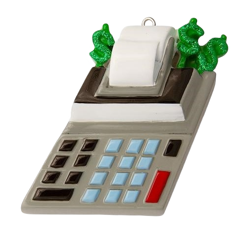 Gray and white calculator ornament with printed paper and green dollar sign decorations in Christmas collection under $50