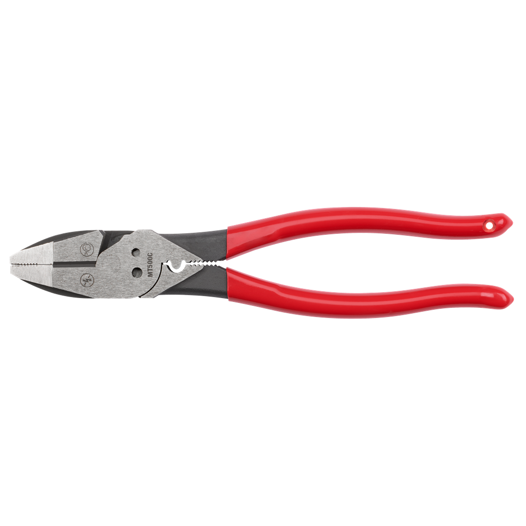 9-inch lineman's pliers with red dipped handles featuring integrated crimper and bolt cutter for home improvement tasks