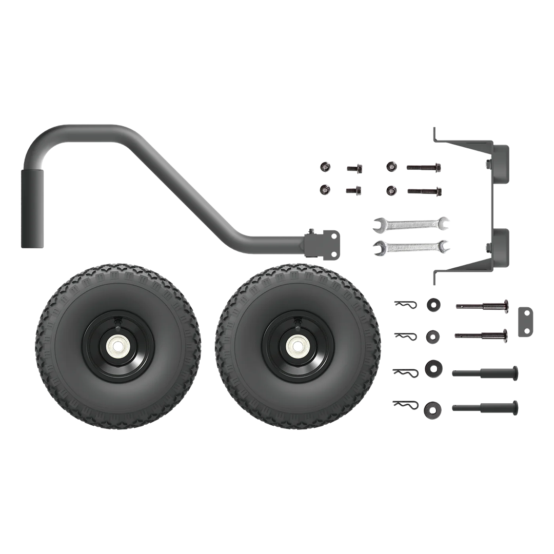 Two black pneumatic wheels with metal axle components and an L-shaped handle for outdoor tool upgrades