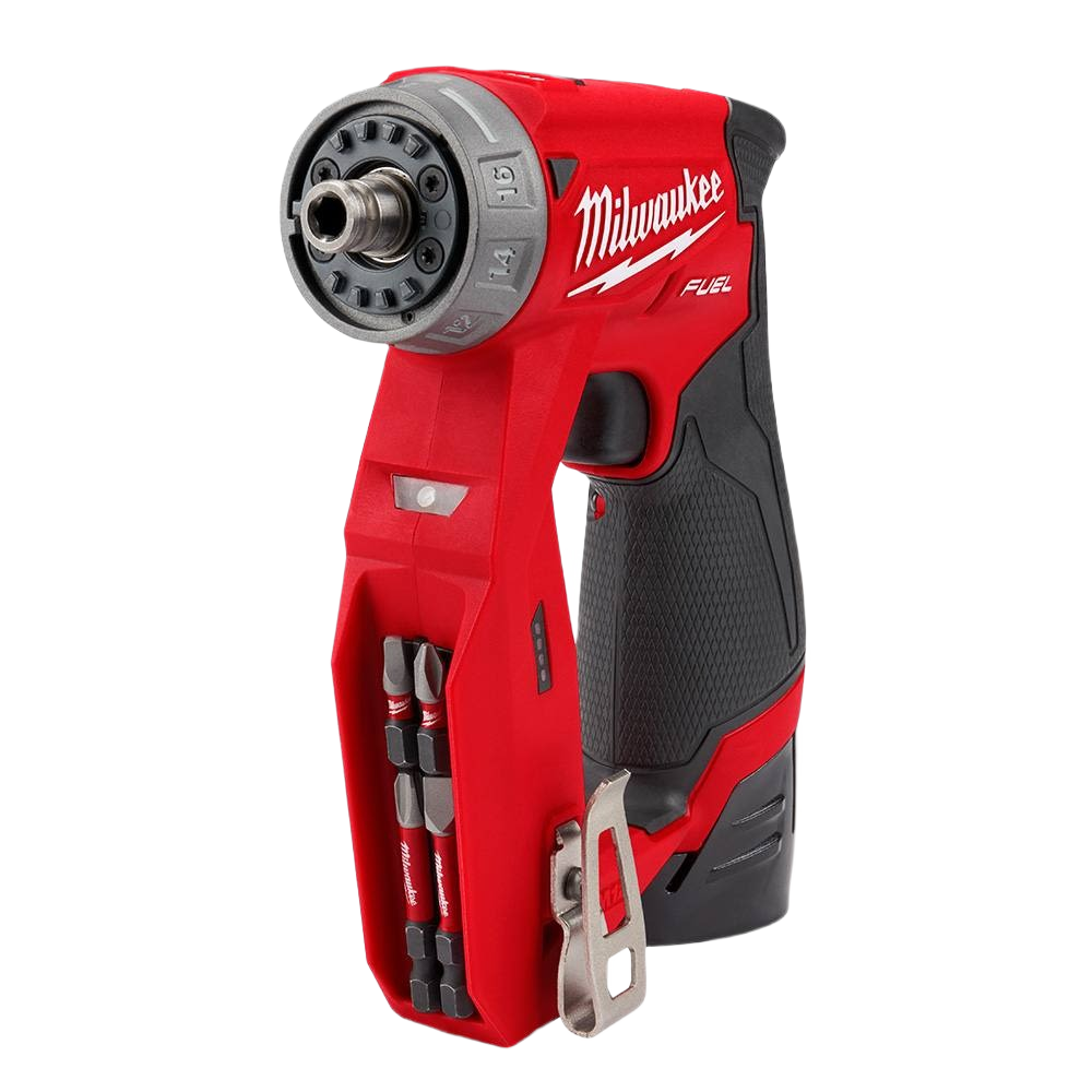 Compact red and black cordless installation drill with ergonomic grip and built-in bit storage for home improvement tasks