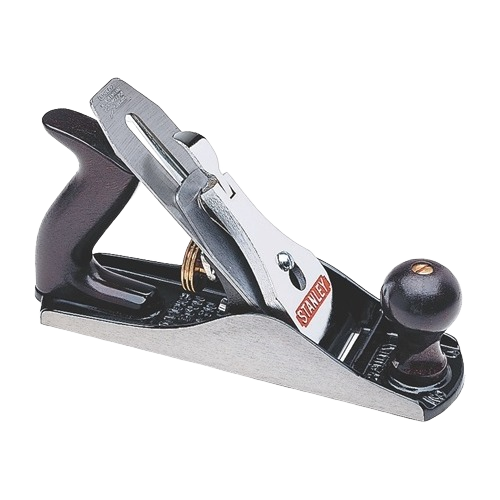 Metal smoothing hand plane with polished steel sole and wooden front knob and rear handle for tools and home improvement use