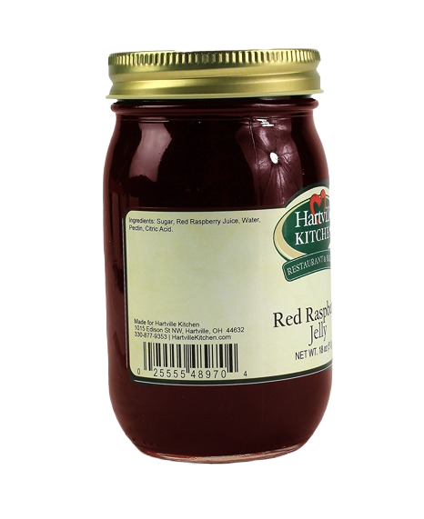 18 oz. glass jar of Hartville Kitchen red raspberry jelly with ingredient list and barcode from jams and jellies collection