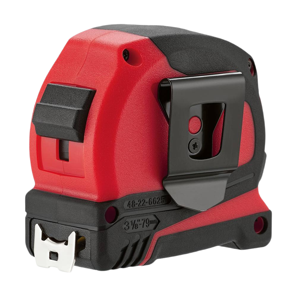 Red and black compact measuring tape with metal clip for durability in tools and home improvement tasks