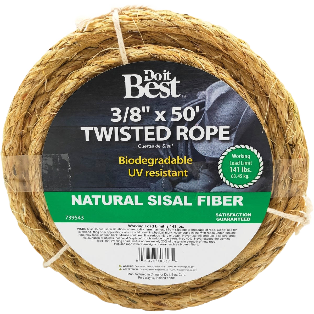 Natural twisted sisal fiber rope, 3/8 inch thick, biodegradable and UV resistant for home improvement tasks
