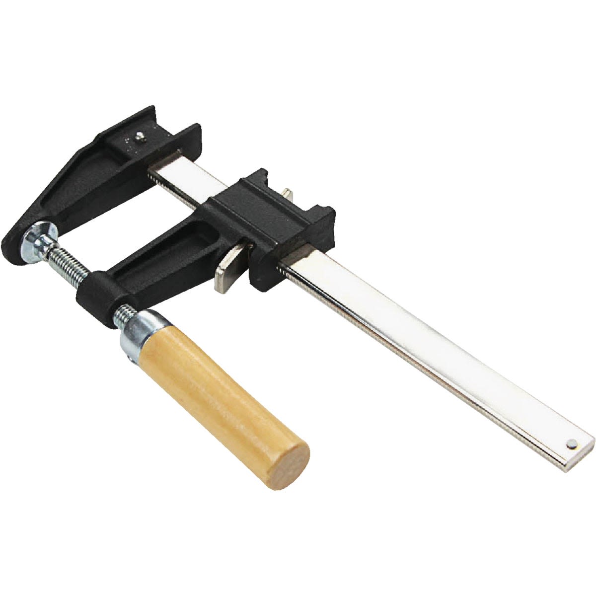 F-style bar clamp with wooden handle and metal bar for woodworking and home improvement tasks