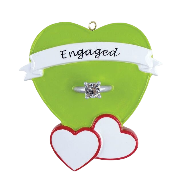 Green heart-shaped ornament with engagement ring and two red-edged white hearts for Christmas Decorations under $50 collection
