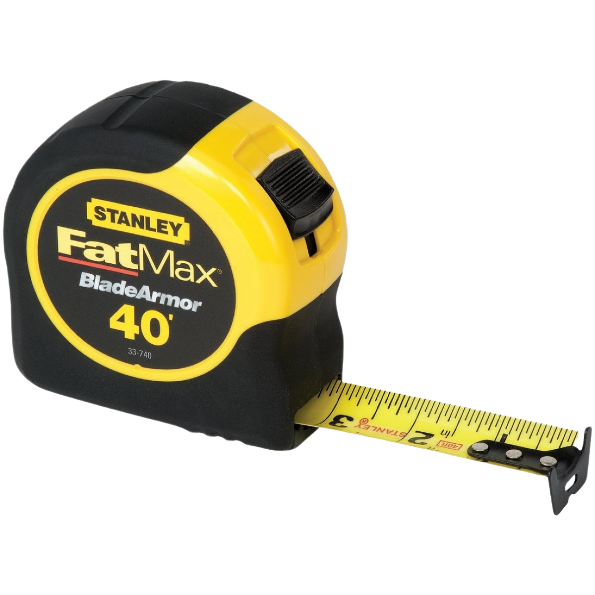 Yellow and black measuring tape from Stanley FatMax with blade extended, ideal for woodworking and home improvement tasks.