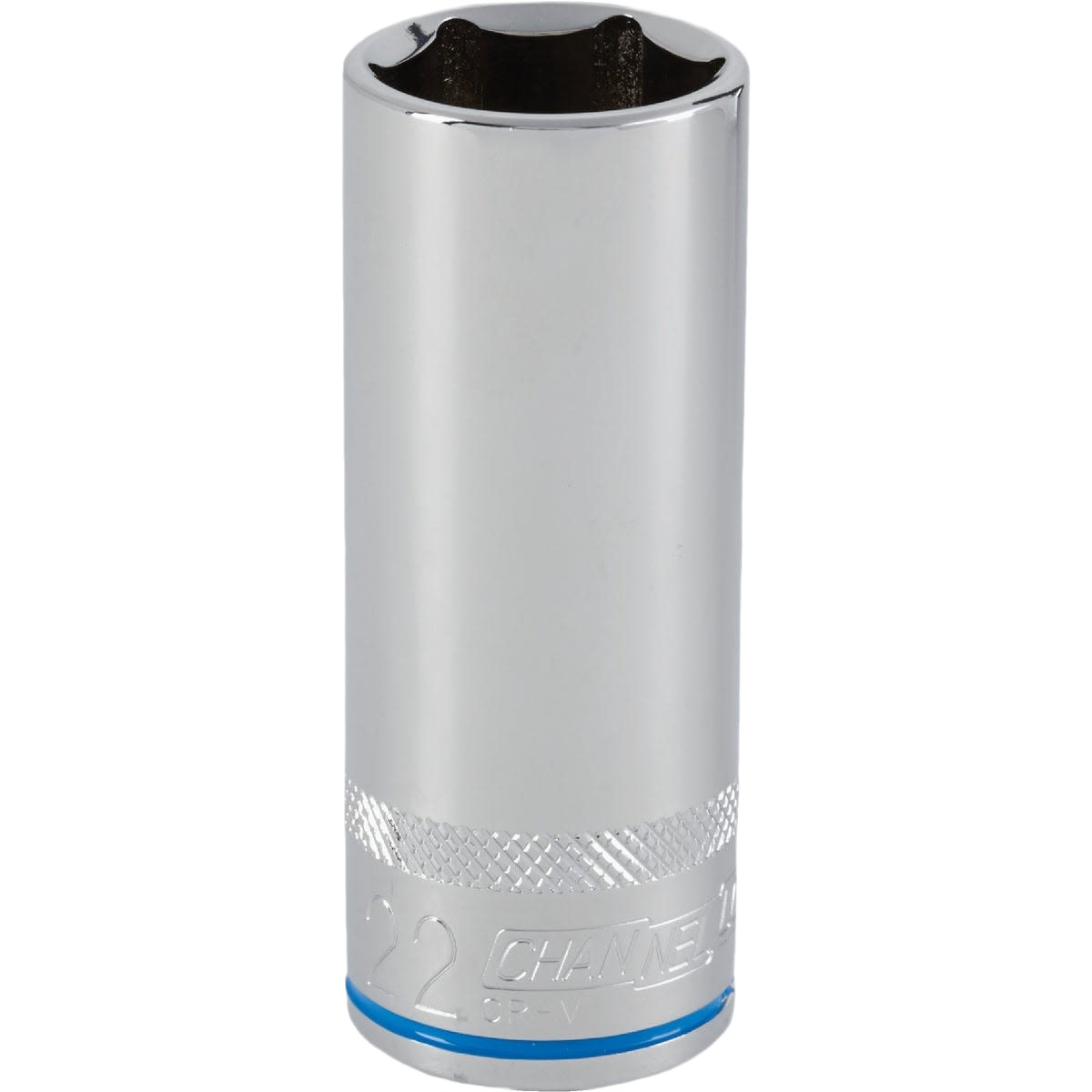 Polished steel 22mm deep 6-point socket with textured grip band for hand tool and woodworking collections under $50