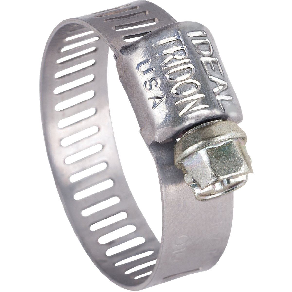 Stainless steel micro-gear hose clamp with slotted band and hex screw for plumbing and home improvement use