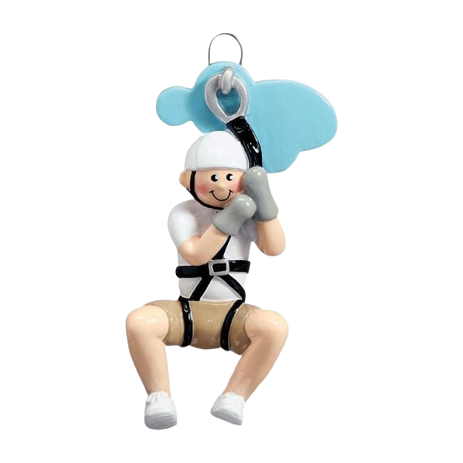 Boy figurine in white helmet and gloves zip lining Christmas ornament in Under $50 collection