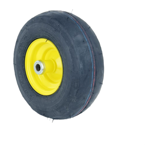 Small black pneumatic tire with smooth tread and yellow metal wheel hub for utility and lawn equipment