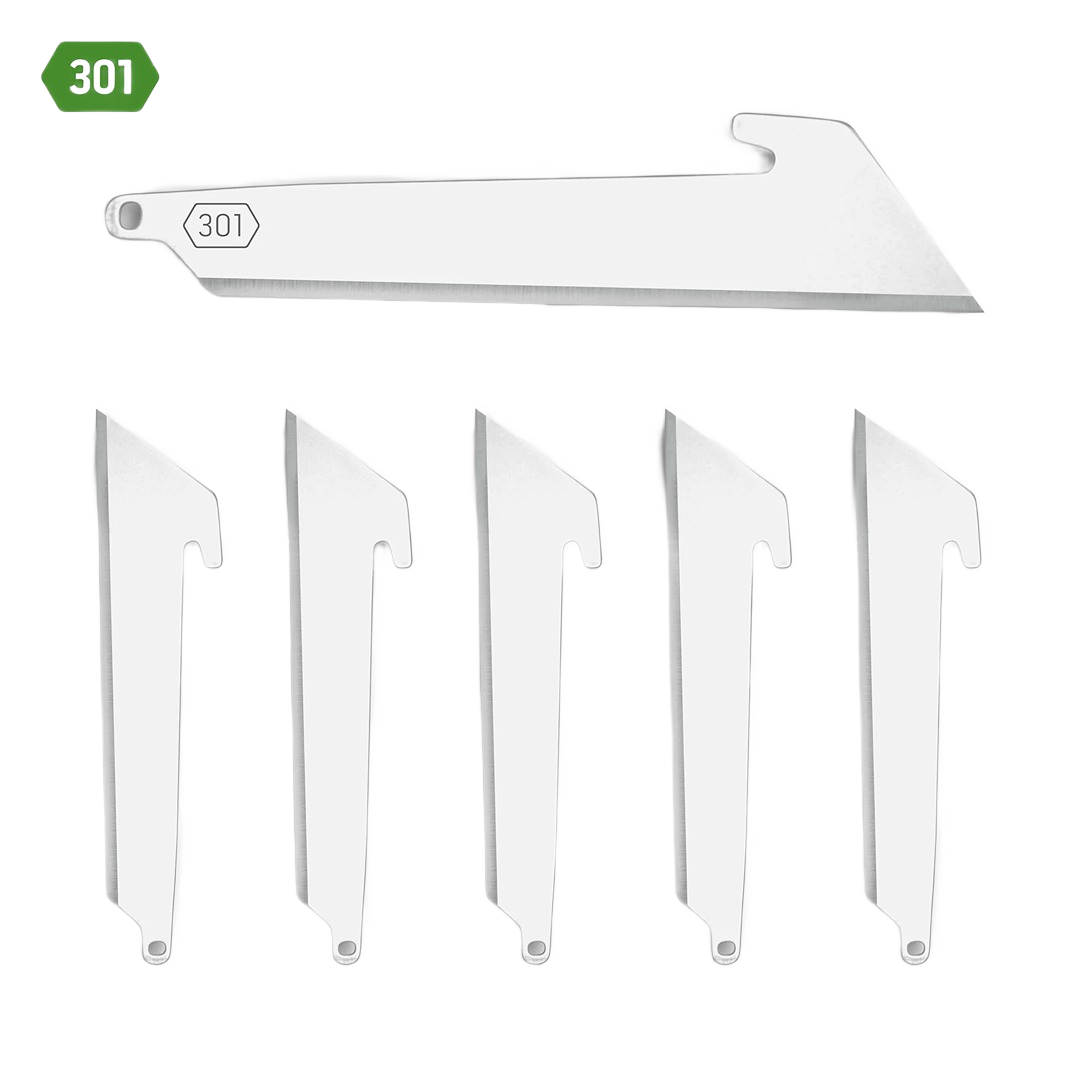 Set of six stainless steel replacement blades designed for cutting tools in woodworking and hand tool collections