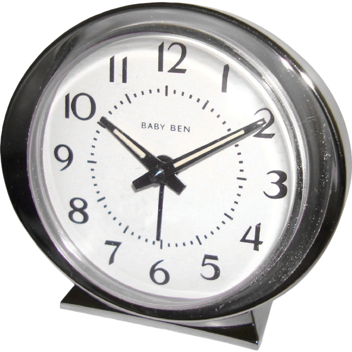 Classic style round alarm clock with white face, black numbers, and silver bezel for home use