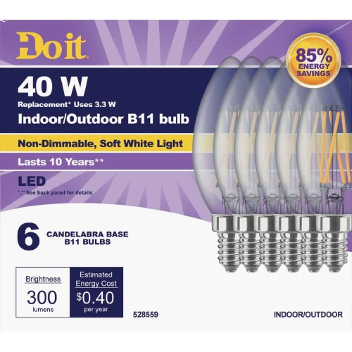 Package of six soft white B11 LED candelabra bulbs with indoor/outdoor use, 85% energy savings, lasting up to 10 years