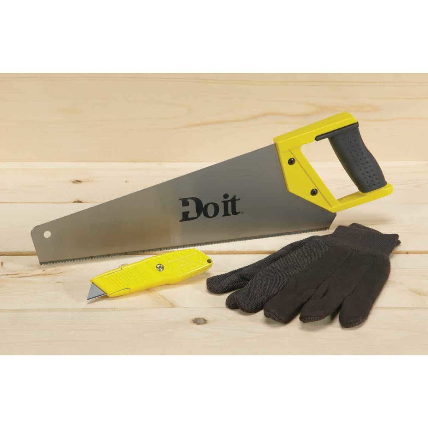 Hand saw with black and yellow handle, yellow utility knife, and black work gloves on wood surface in hardware collection