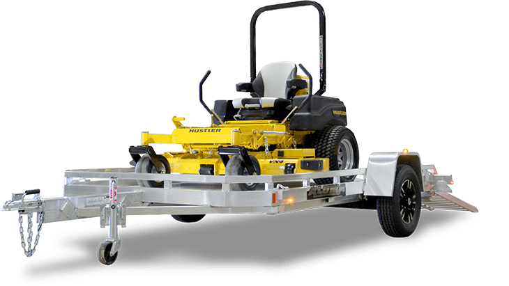 Aluminum utility trailer designed for transporting lawn equipment with durable frame and easy hitch connection