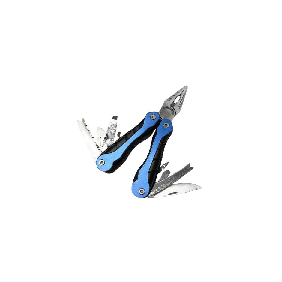 Compact blue and black multi-tool featuring pliers, wire cutter, blades, and various hand tools for versatile use