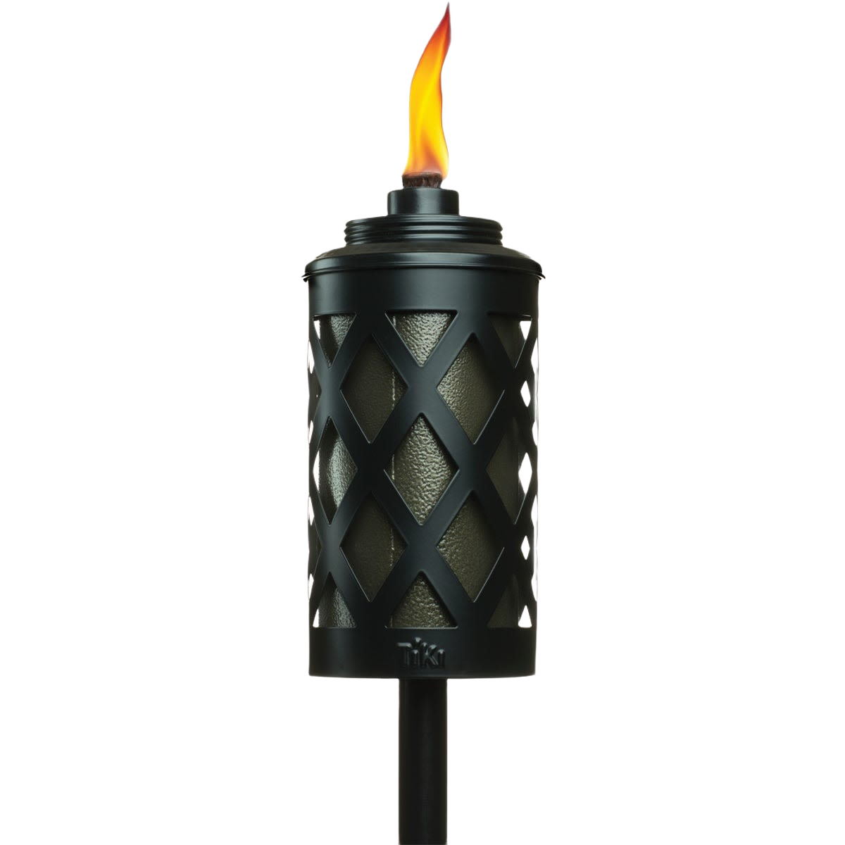 Black metal patio torch with lattice pattern and simulated flickering flame for outdoor home improvement use