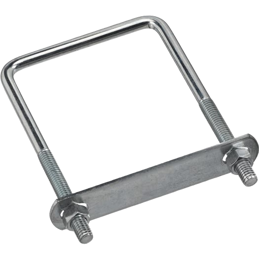 Square zinc plated U bolt with nuts and plate for securing rectangular wood or metal in hardware and fasteners collections