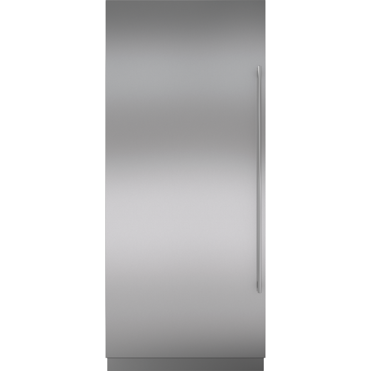 Tall stainless steel column freezer with minimalist handle, part of refrigerator and kitchen appliances collection