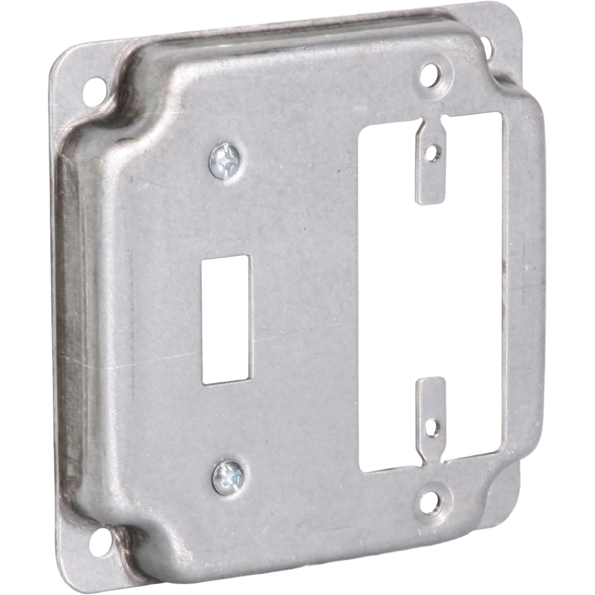 Square steel cover plate with toggle and outlet openings for home improvement and electrical device use