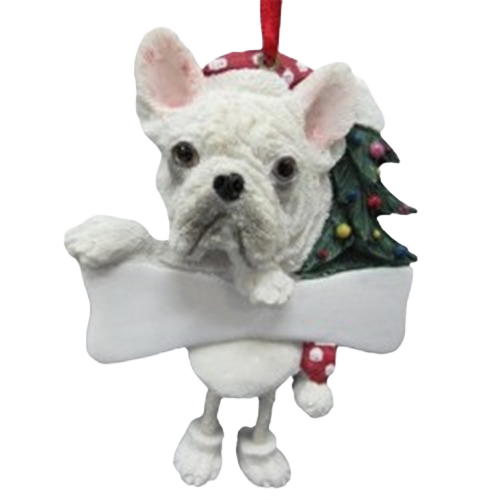 White French Bulldog ornament with dangling legs holding blank bone and Christmas tree for holiday decor under $50 collection