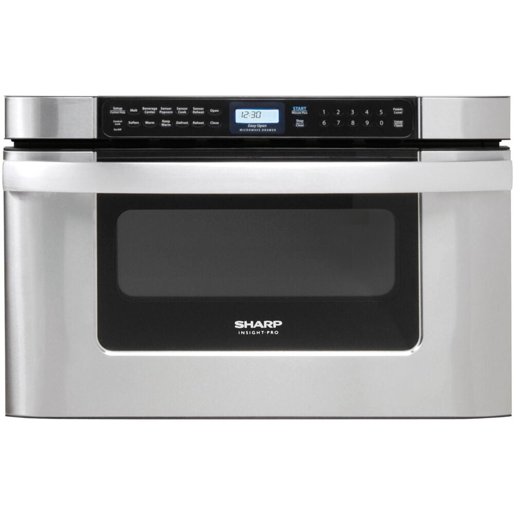 Front view of stainless steel microwave drawer with digital control panel in built-in microwaves and kitchenware collection